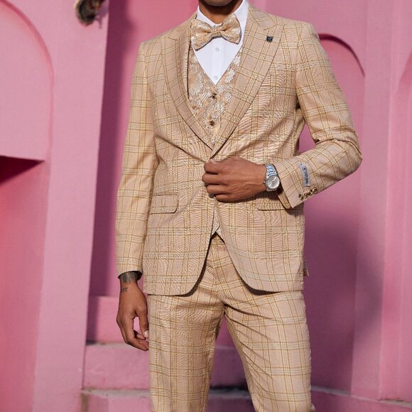 Orange Glen Plaid Peak Lapel 3 Piece Stacy Adams Men's Suit - Picture 6 of 6